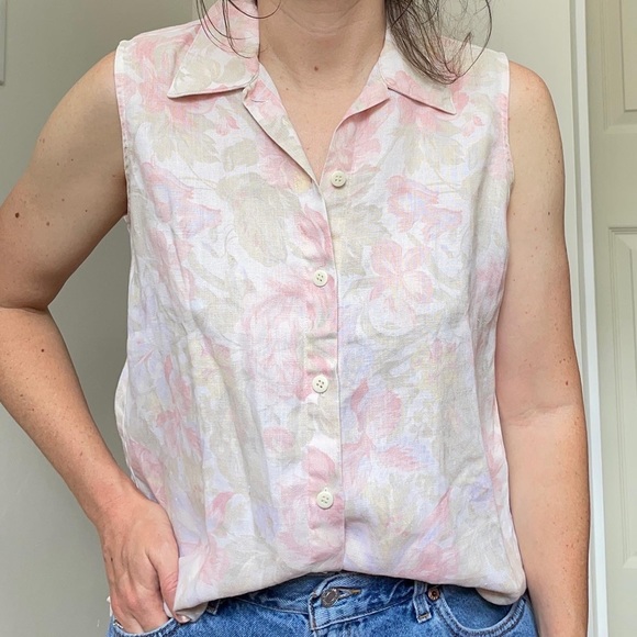 100% linen pastel floral sleeveless top 90s floral - Picture 1 of 5